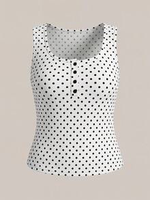 SHEIN BASICS 大尺碼夏季休閒波點印花背心上衣 - 黑與白 - 查看 2