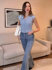 Pariaura French Style Blue V-Neck Button Ruffle Hem Women Blouse - Blue - View 7