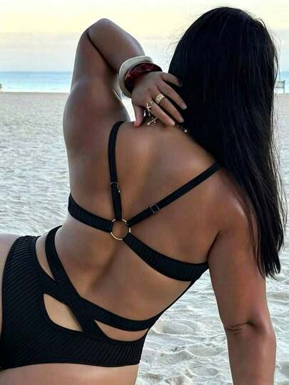 Swim SXY Traje de baño de una pieza de moda para mujer de talla grande, cuello redondo de tela acanalada, diseño de anillo en la espalda hueca, traje de baño sexy para playa y vacaciones