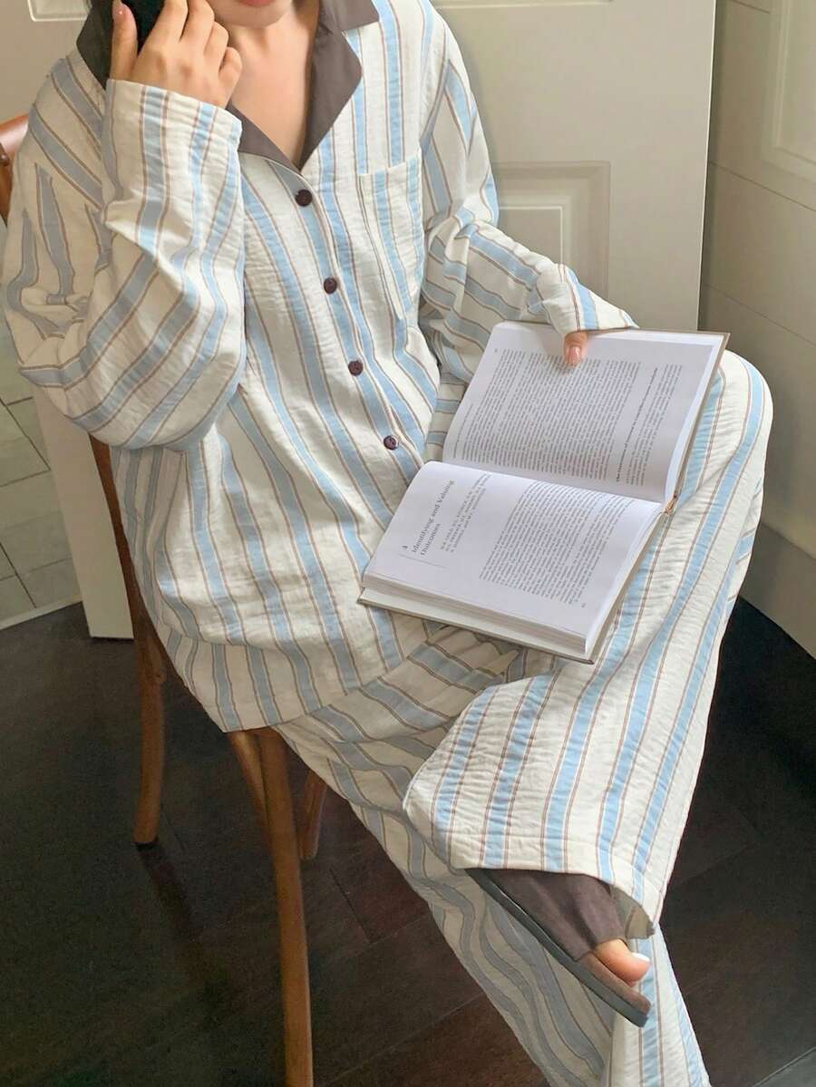 Dazy Plus 大码女式条纹撞色领拼接宽松上衣长裤休闲睡衣套装，春夏秋季 - 藍色 - 查看 1