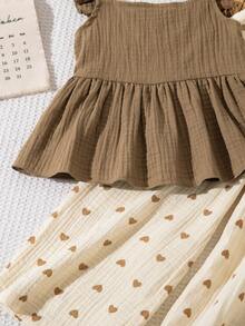 SHEIN Genkimix Kids 2件組女童素色上衣與愛心印花長褲套裝，春夏季外出與度假可愛穿搭 - 棕色 - 查看 10
