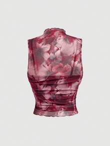 SHEIN MOD Plus Size Vintage Floral Print Turtleneck Slim Fit Top, Rose Red, Romantic - Rose Red - View 3
