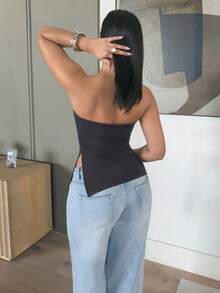 leahseptember Spring/Summer Casual Baech Y2K Subculture Solid Cropped Bandeau Strapless Top With Slit Hem For Women - Dark Grey - View 6
