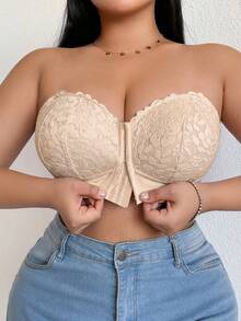 DesireSculpt Plus Size Wireless Lace Front Closure Bra, Sexy Lift And Gather, Invisible Back Bra, 1pc - Beige - View 7