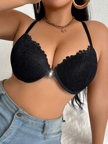 DesireSculpt 1pc Women Plus Size Lace Racerback Design Underwire Front Closure Bra - Black - View 5