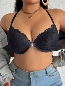 DesireSculpt 1pc Women Plus Size Lace Racerback Design Underwire Front Closure Bra - Black - View 7