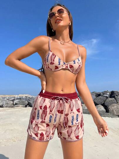 Swim SPRTY Women's Summer Casual Tropical Fish Print Drawstring Boardshorts Beach Vacation Red Polka Dot