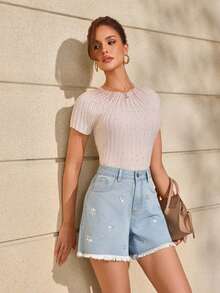 Selenza Women's Rhinestone Shiny Pocket Button Frayed Denim Shorts Vacation Light Blue Floral Summer Casual - Blue - View 7