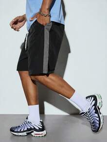 Modcrash Pantalones cortos deportivos casuales unisex de verano con cintura elástica, cordón y diseño de patchwork de color contrastante - Negro - Ver 5