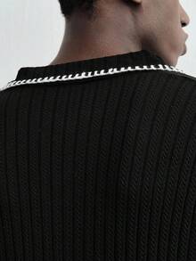 ROMWE MEN Men's Cable Knit Polo Shirt - Black - View 3
