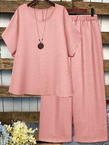 EMERY ROSE Plus Size Casual Solid Color Batwing Sleeve Shirt And Pants 2 Pieces Set - Coral Pink - View 1
