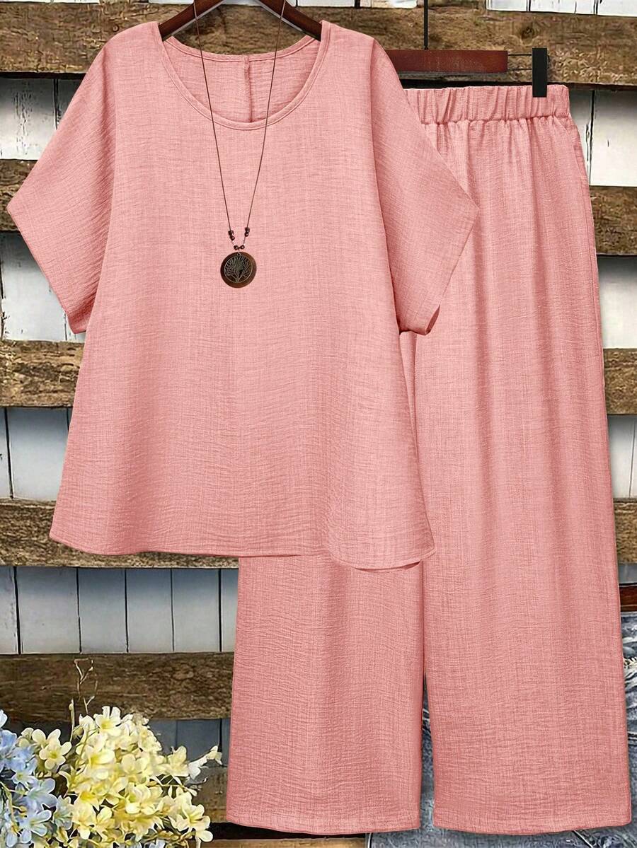 EMERY ROSE Plus Size Casual Solid Color Batwing Sleeve Shirt And Pants 2 Pieces Set - Coral Pink - View 1