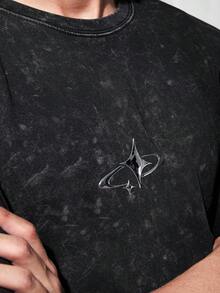 IRON GLYPH Black Minimalist Metal Star & Moon Small Logo Pattern Loose Washed T-Shirt, Suitable For Outings, School, Home, And Friend Gifts - Black - View 8