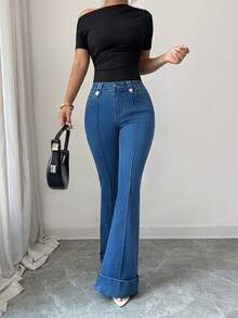 Selianne Women's Casual Versatile Daily Wear Button Pocket Flare Denim Jeans - Blue - View 3