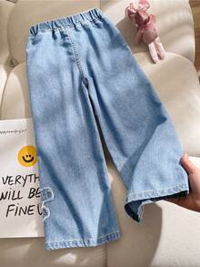 SHEIN Young Girls 3D Floral Design Blue Loose Jeans, Versatile Casual Pants - Light Wash - View 2