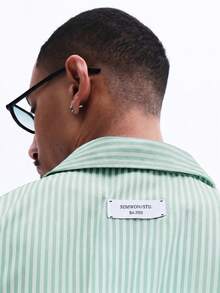 SUMWON Striped Short Sleeve Cropped Button-Up Shirt With Chest Pocket And Script Embroidery Summer Casual - Green - View 6