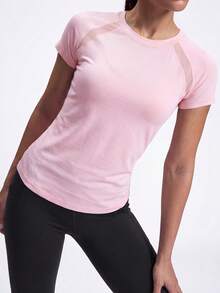 SHEIN BASICS Women Solid Color Round Neck Raglan Sleeve Short Sleeve Sports T-Shirt Gym Shirts - Pink - View 3
