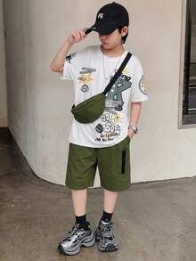 3pcs Tween Boy Letter Print T-Shirt & Cargo Shorts & Mini Crossbody Bag 3-Piece Set, Suitable For Outdoor Activities In Spring/Summer - Green - View 9