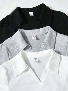 SHEIN 3件組 青少年女孩 Polo領 抓皺腰線 短袖T恤，黑白配色 - 彩色 - 查看 7