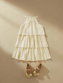 SHEIN Young Girl Summer Elegant Minimalist Solid Color Ruffle Neck Dress - Apricot - View 5