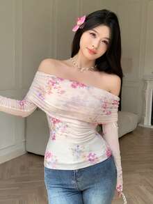 Modelyn 杏色网纱印花露肩荷叶边长袖优雅夏季度假T恤 - 杏色 - 查看 6
