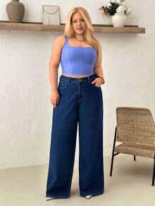 SHEIN WOMEN DENIM PLUS SIZE ELASTIC BAND BLUE JEAN - Dark Wash - View 3
