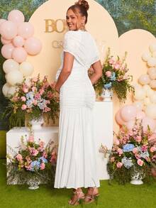 Loomaby Pregnant Women Solid Color Ruched Fishtail Hem Elegant Dress - White - View 3