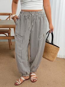 Enliva Plus Size Casual Striped Elastic Cuffed Pants - Black and White - View 6