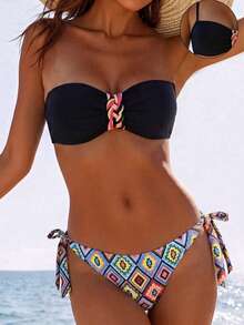 Swim Mod Swim Lushoire 新款女士两件套优雅Y2K性感波西米亚粉黑抹胸比基尼套装，几何印花泳衣，配有可拆卸肩带、编织前结细节和侧系带泳裤，浪漫妩媚的热带海滩装扮，完美适用于夏季海滩度假、泳池派对、度假村之旅、音乐节、婚礼假期等场合。 - 黑色 - 查看 3