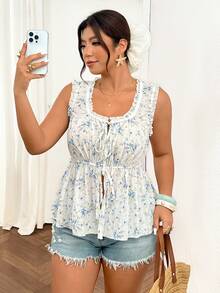 Lounesse Plus Size Women Ditsy Floral Tie Front Vacation Camisole Casual Elegant Medieval Summer Daily Going Out Date Night Vest Homewear Tank Top - Multicolor - View 5