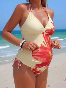 SHEIN 2026 Spring/Summer Floral Print Yellow Comfortable Maternity Vacation Beach Spaghetti Strap Bikini - Multicolor - View 5