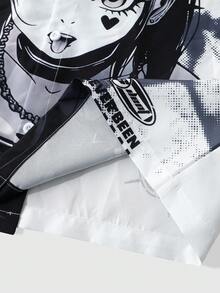 ROMWE MEN Y2K Anime Girl 10 Print Jersey Shirt, Black White Streetwear Button Up Top - Multicolor - View 6