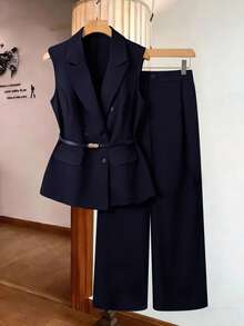 SHEIN Clasi 大尺碼女款無袖西裝外套休閒優雅套裝，附腰帶 2 件組，教師節辦公正式穿搭，海軍藍，夏季 - 藏蓝色 - 查看 1