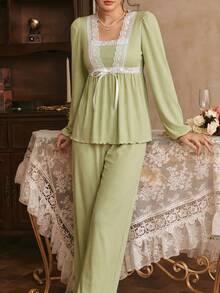 Côtesoire Southern France Elegant Mature Color Block Lace Women Pajama Set - Mint Green - View 5