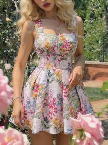 SHEIN MOD 大尺碼女款花卉印花百褶休閒派對洋裝 - 彩色 - 查看 7