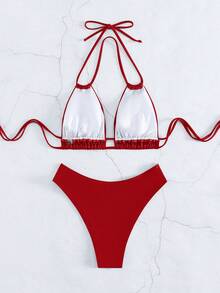 Swim Basics Women's Solid Color Halter Neck Bikini Set For Summer Beach Vacation - Red - View 6
