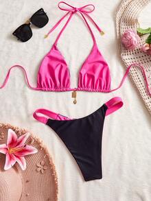 Swim Mod Ensemble de bikini réversible à nœud papillon, imprimé de pois contrastés, à la mode mode vacances bord de mer, doux et mignon pour femmes - Multicolore - Voir 5