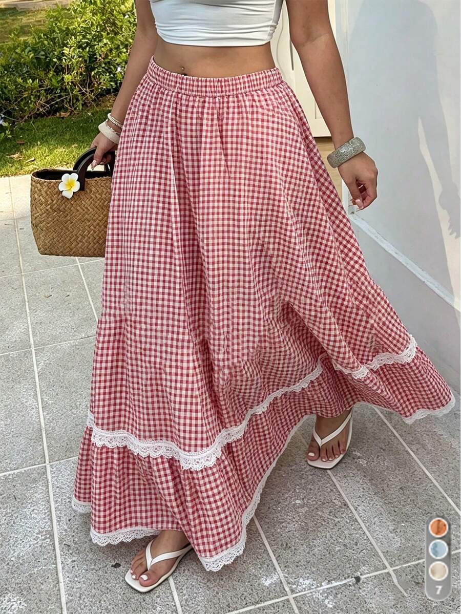 SHEIN Clasi Plus Size Vintage Country Style Pleated Red Plaid Patchwork Lace Hem Skirt, Summer Fall - Red - View 1