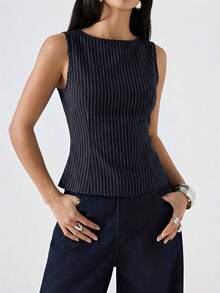 LYSMO 2026 New Minimalist Brown Striped Round Neck Fitted Casual Tank Top, Suitable For Work/Business Casual/Office Wear, Fashionable Women's Shirt/Casual Women's Shirt - Navy Blue - View 4