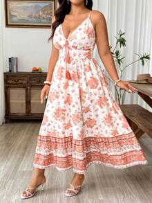 Weeklong Plus Size Women's Elegant Brown Summer Boho Floral Print Maxi Dress,Spaghetti Strap Backless Tassel Decor Bachelorette Party Tea Party Holiday - Pink - View 6