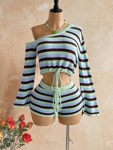 Soleia Women Green Striped Asymmetric Neck Long Sleeve Drawstring Hem Sweater And Knit Shorts 2-Piece Set Travel Summer/Autumn Night Out Sexy - Multicolor - View 1