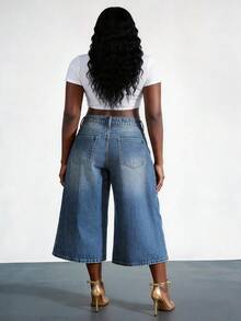 CurvyTilda Plus-Size Denim Bermuda Shorts, High-Waisted Wide-Leg Pants With Comfortable Elastic Waistband Casual - Medium Wash - View 2