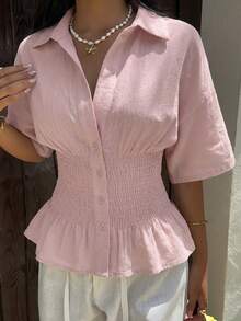 SHEIN EZwear Lotus Root Pink Woven Women's Button Down Short Sleeve Shirt,Summer Top - Dusty Pink - View 7
