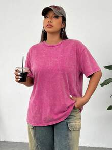Solflare Plus Size Acid Washed Look Vintage Knitted Distressed Loose Fit Short Sleeve T-Shirt, Rose Red - Hot Pink - View 5