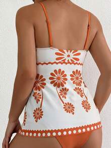 SHEIN Swim 两件套女士高弹绿色印花比基尼套装，包含印花抹胸上衣和纯色三角泳裤，优雅比基尼套装，适合春夏海滩派对，花朵泳衣，橙色泳衣，女士泳装，西式泳衣，女士沙滩装，全包覆式女士泳衣套装，女士沙滩装，夏季女士沙滩泳装，夏季服装。 - 橘色 - 查看 2
