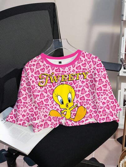 LOONEY TUNES X SHEIN Camiseta de mujer de manga corta con cuello redondo y estampado de leopardo recortada