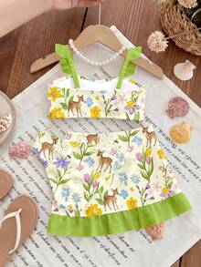 Serie Verde de Ciervos & Ardillas, Conjuntos de Flores Prensadas, Flores Silvestres Bohemias, Conjuntos Botánicos Vintage, Conjuntos de Naturaleza Floral Pastel, Conjunto de Traje de Baño de 3 Piezas con Volantes Impreso para Niñas Jóvenes de Jardín, Traje de Baño Infantil - Blanco - Ver 2