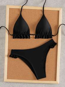Swim Mod Bộ bikini 2 mảnh nữ mùa hè mới đi biển nghỉ dưỡng, phong cách casual ngọt ngào, vải phối màu colorblock kẻ sọc vân nổi, viền hoa dễ thương, đính mặt dây chuyền sao biển và vỏ sò kim loại tinh xảo, hở lưng sexy, dây buộc - màu đen - Xem 4