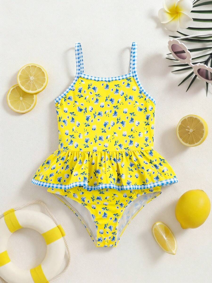 SHEIN Young Girl Ditsy Floral Knit Romper Swimsuit - Multicolor - View 1