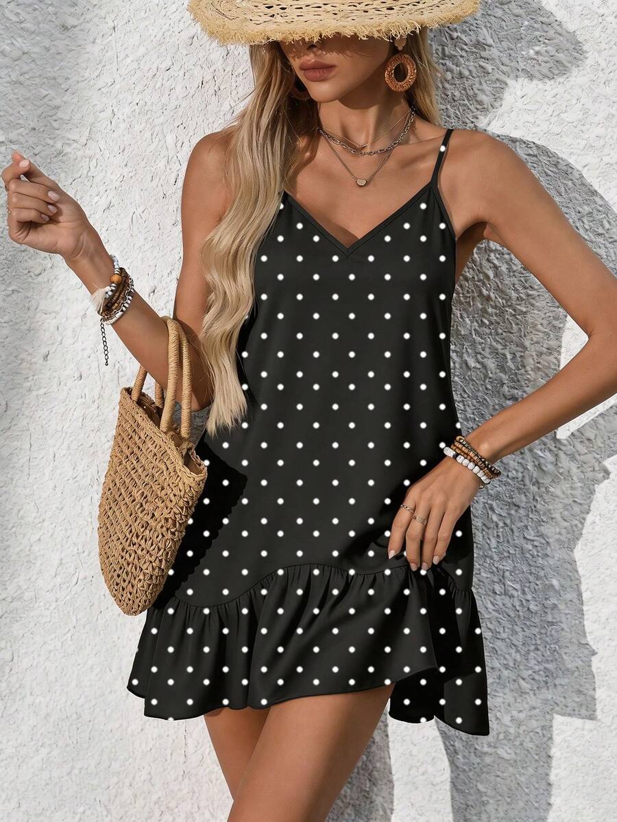 SHEIN Swim Basics 女款優雅圓點印花荷葉邊肩帶黑色海灘度假罩衫、女款優雅派對洋裝、女款復活節洋裝、女款休閒洋裝、女款短袖洋裝、女款黑色洋裝、女款度假洋裝、女款鄉村風洋裝、女款假日洋裝、女款性感洋裝、夏季海灘穿搭、泳池派對穿搭、音樂節穿搭、女款假日穿搭、母親節穿搭、夜店、週末、野餐、派對、高街時尚 - 黑色 - 查看 1